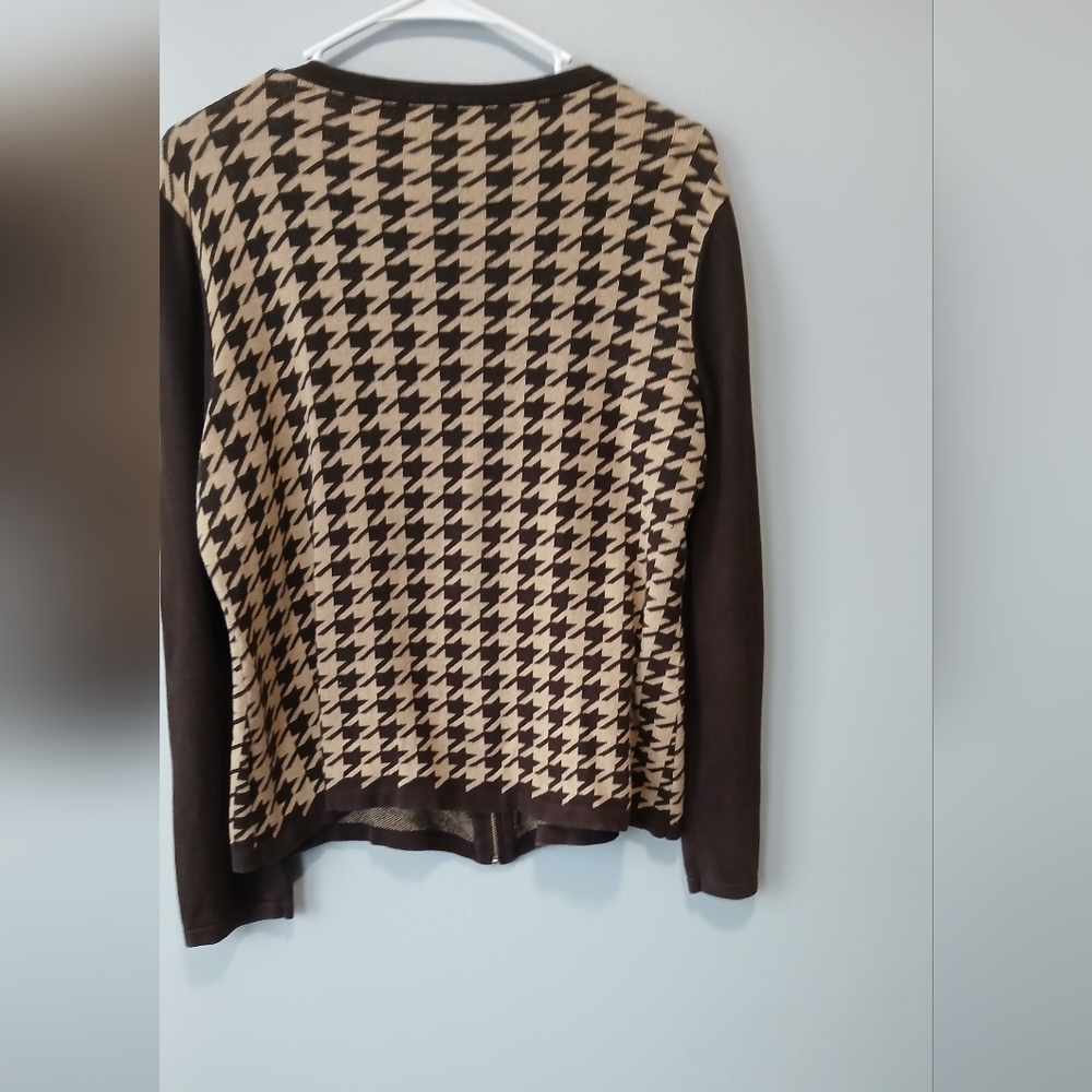 Talbots Zip Front Houndstooth Print Cardigan Brown Tan Womens Size Large Office - Picture 2 of 4